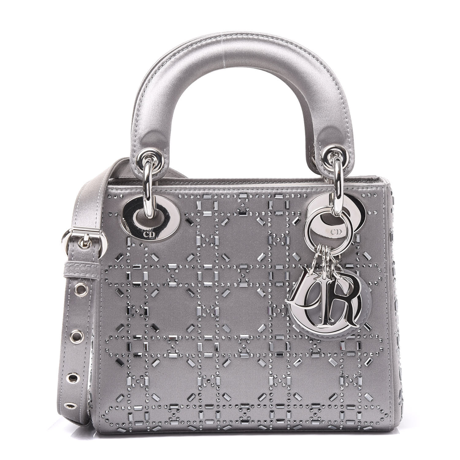 DIOR Satin Crystal Cannage Mini Lady Dior Gray